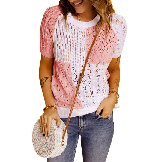 Fashion European American Summer New Color Block Knitted Short Sleeve T-shirt Top Knitwear Beauty hair & fashionfj