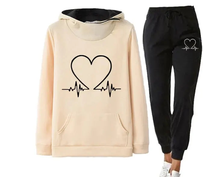 Love Heart Printed Sports Suit Hooded Sweatshirt Top And Drawstring Pants Fashion Casual Clothing For Women Beauty hair & fashionfj